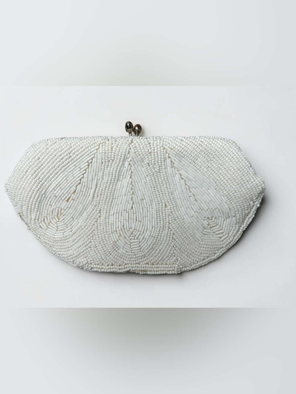 Vintage White Beaded Clutch Purse Kiss Lock Satin Lined Evening Bag Japan